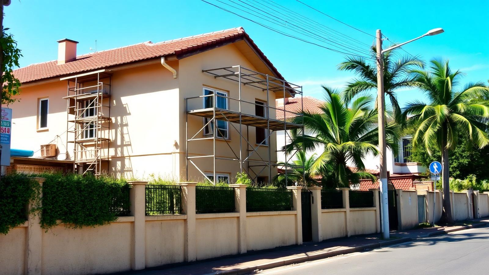 Woning in Asunción met steigers langs de gevel tijdens onderhoudswerkzaamheden