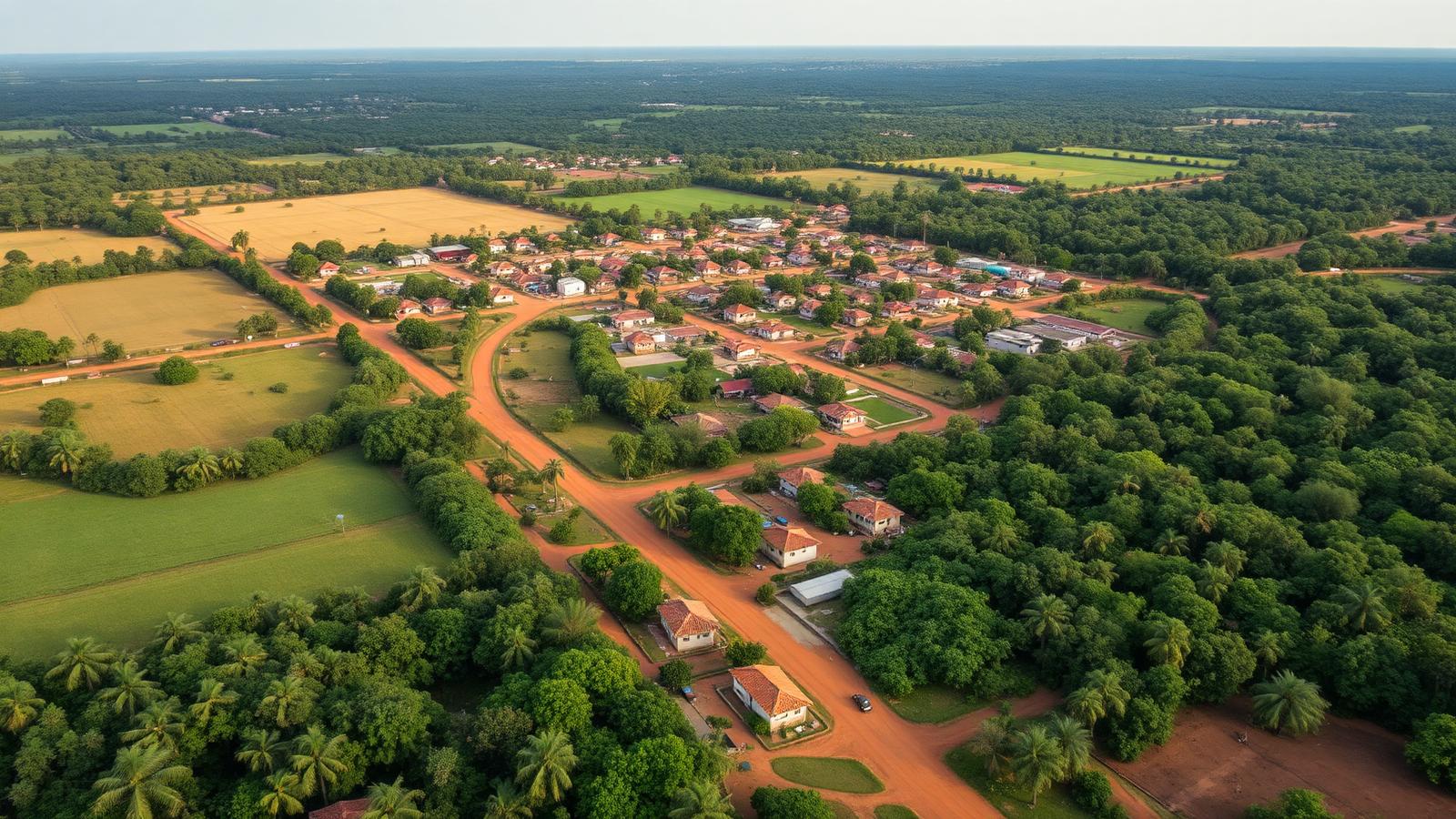 Luchtfoto van een regionale kern in Paraguay met rode zandwegen, landbouwgrond en bos