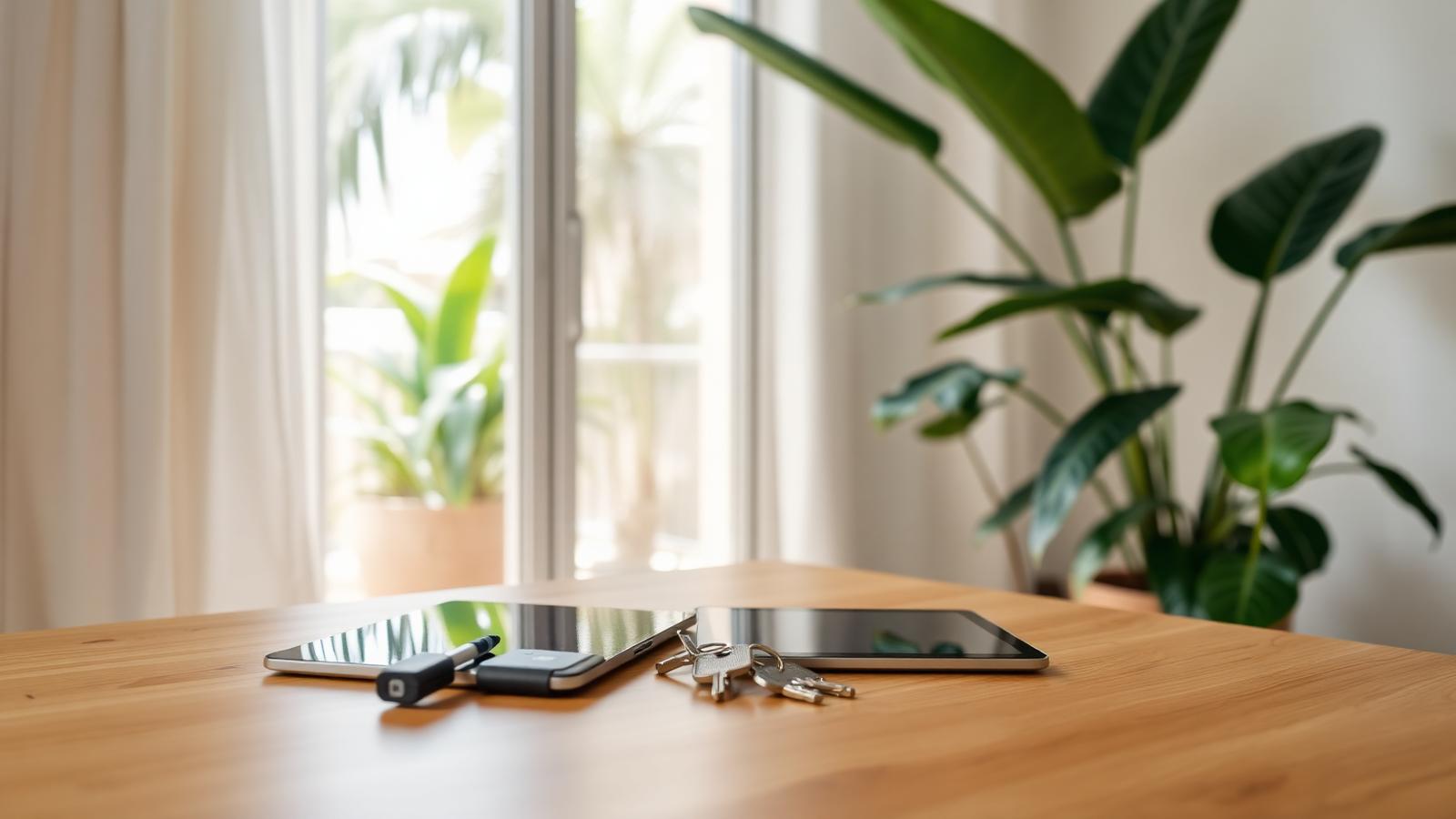 Sleutels en tablet op een houten tafel in een lichte huurwoning met tropische planten