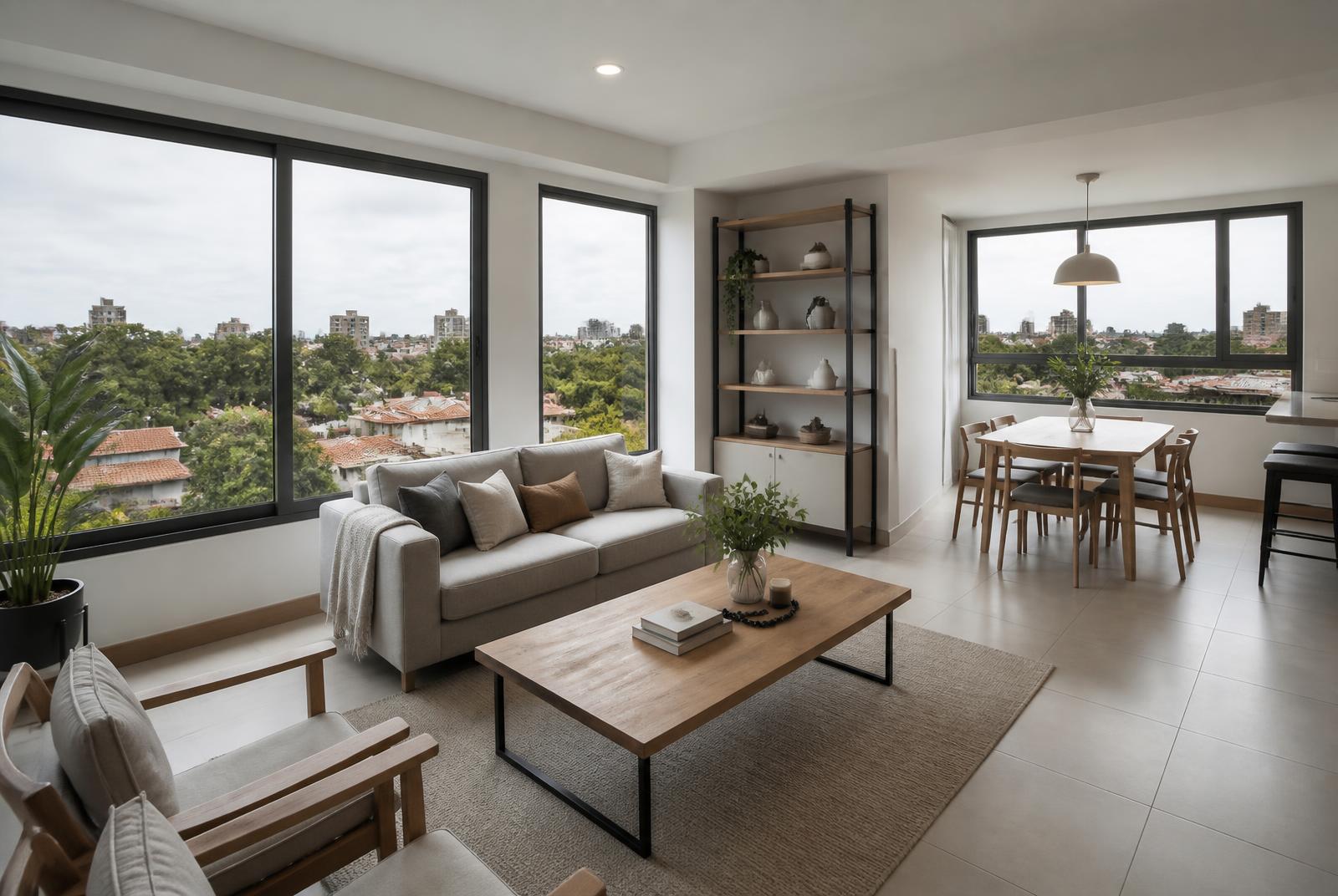 Lichte woonkamer van een modern appartement in Asunción met uitzicht op groene stadswijk